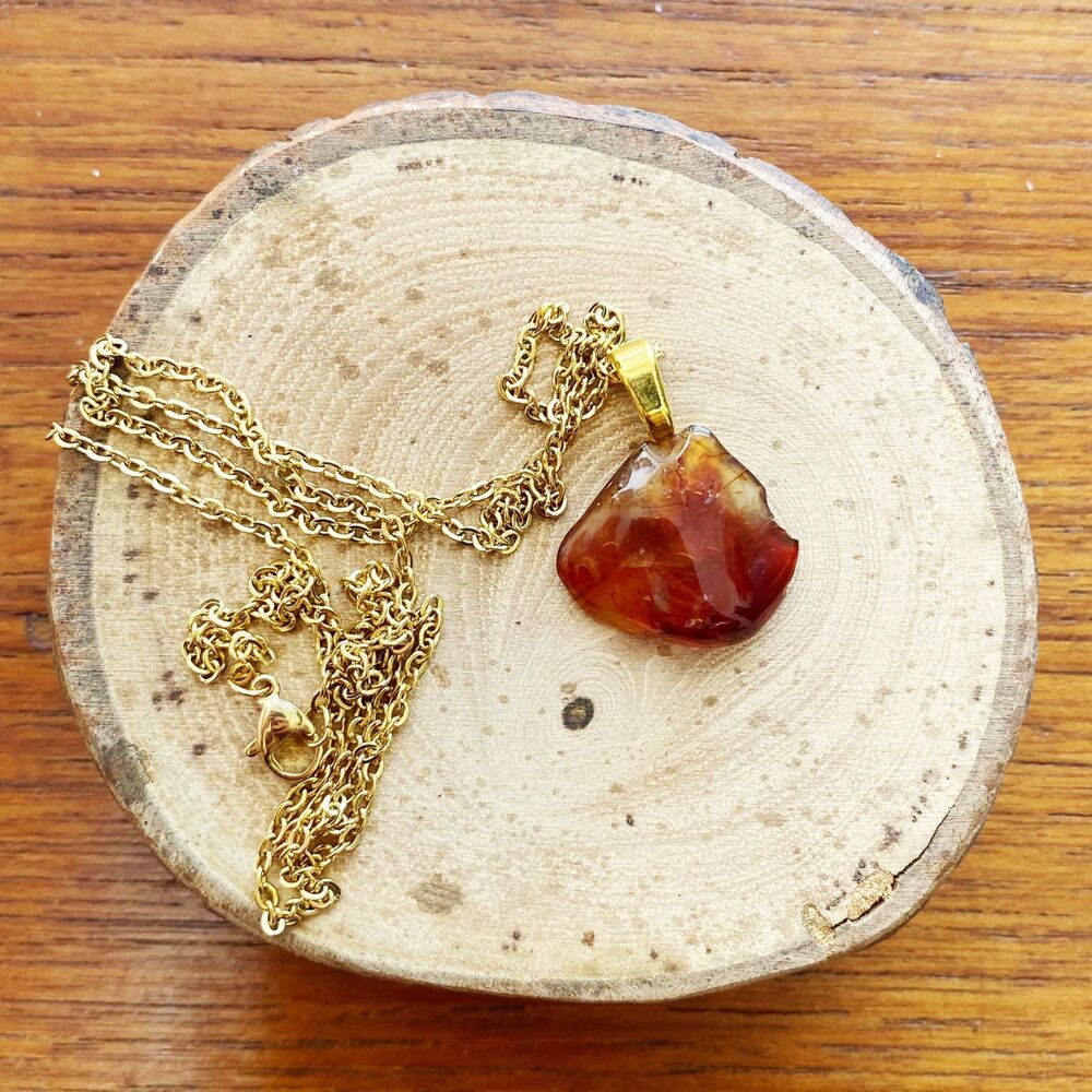 Polished Translucent Amber Glass Chip Pendant Necklace on Gold Plated Chain